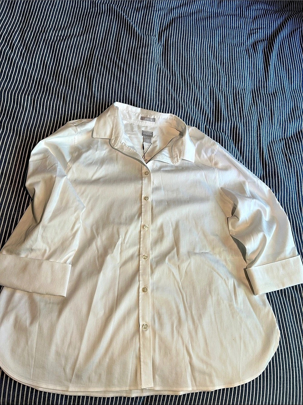 chico's No Iron 3/4 Sleeve Stretch Shirt White Cotton Button Down Shirt Size